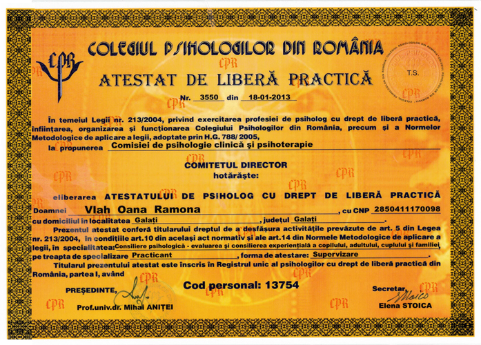Atestat Libera Practica Consiliere Oana Vlah