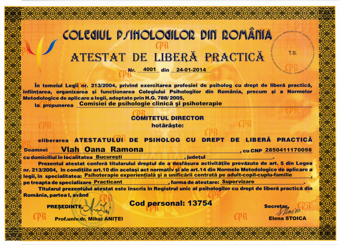 Atestat Libera Practica Psihoterapie Oana Vlah