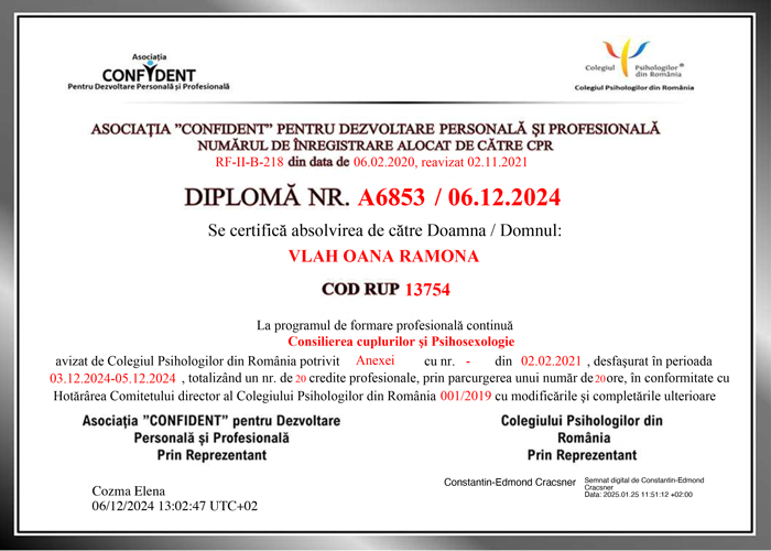 Diploma Colegiu 20 credite consiliere cuplu