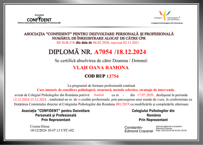 Diploma Colegiul Psihologilor 30 credite